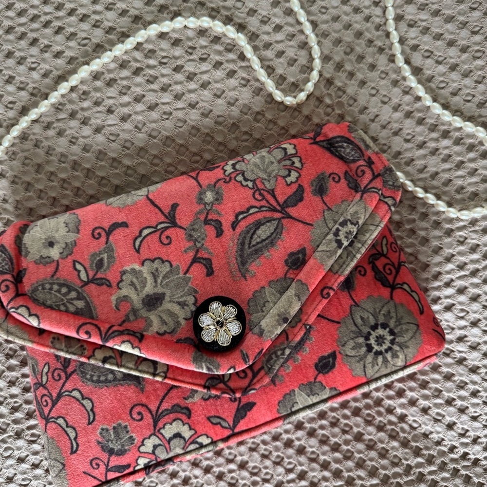 Coral Floral Envelope bag with Embellishment and Pearl strap